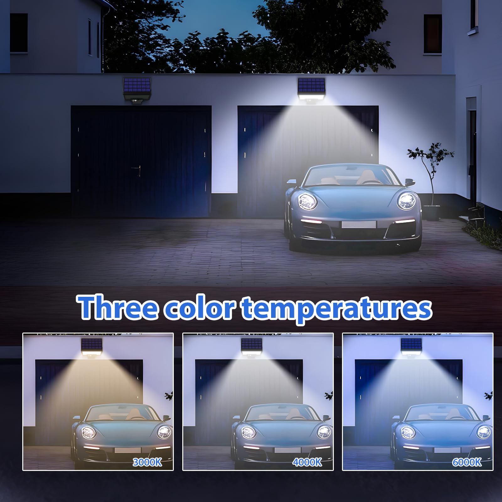 JESLED Solarlampen für Außen mit Bewegungsmelder, 108LEDs 3CCT Drehbare Solar Aussenleuchte, 4 Modi Solarleuchten Für Außen, IP65 Wasserdichte Wandlampe für Garten Hof Garage （4P） | Drehbare Solar Aussenleuchte 4 Modi Solarleuchten Für Außen, IP65 Wasserd