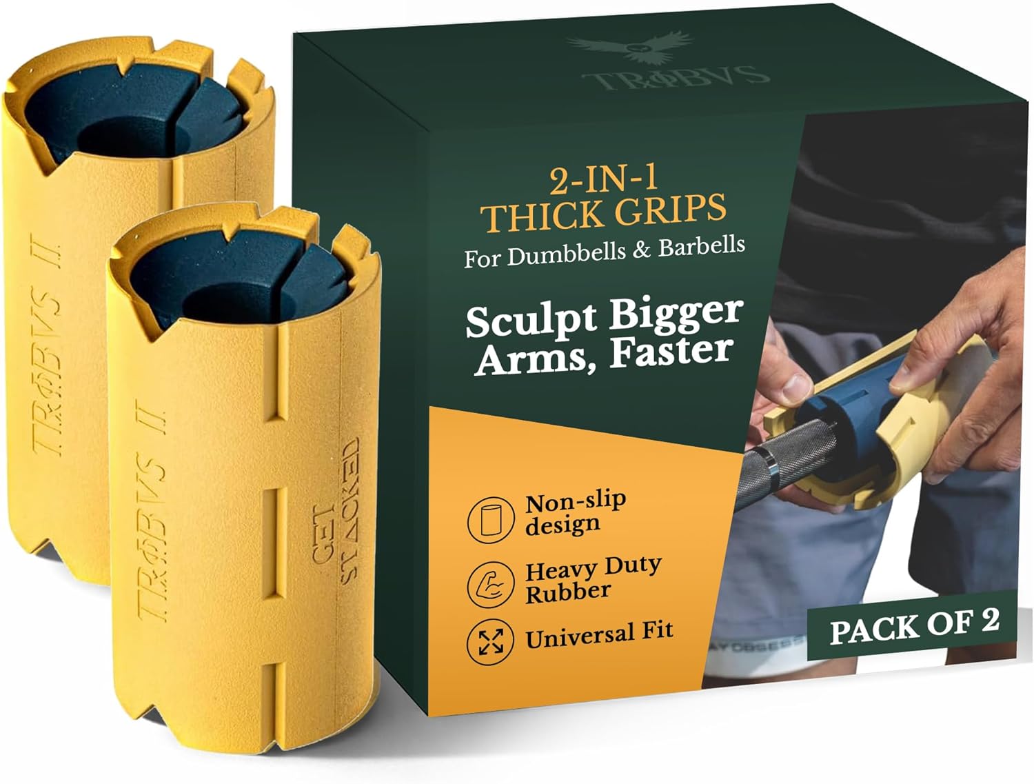 Tribus - Thick Grips for Dumbbells and Barbells, 2.05" & 2.44" Thick Dumbbell Grips for Men and Women, Extreme Arm & Forearm Builder Grip Strength, Barbell Grip for Weight Lifting