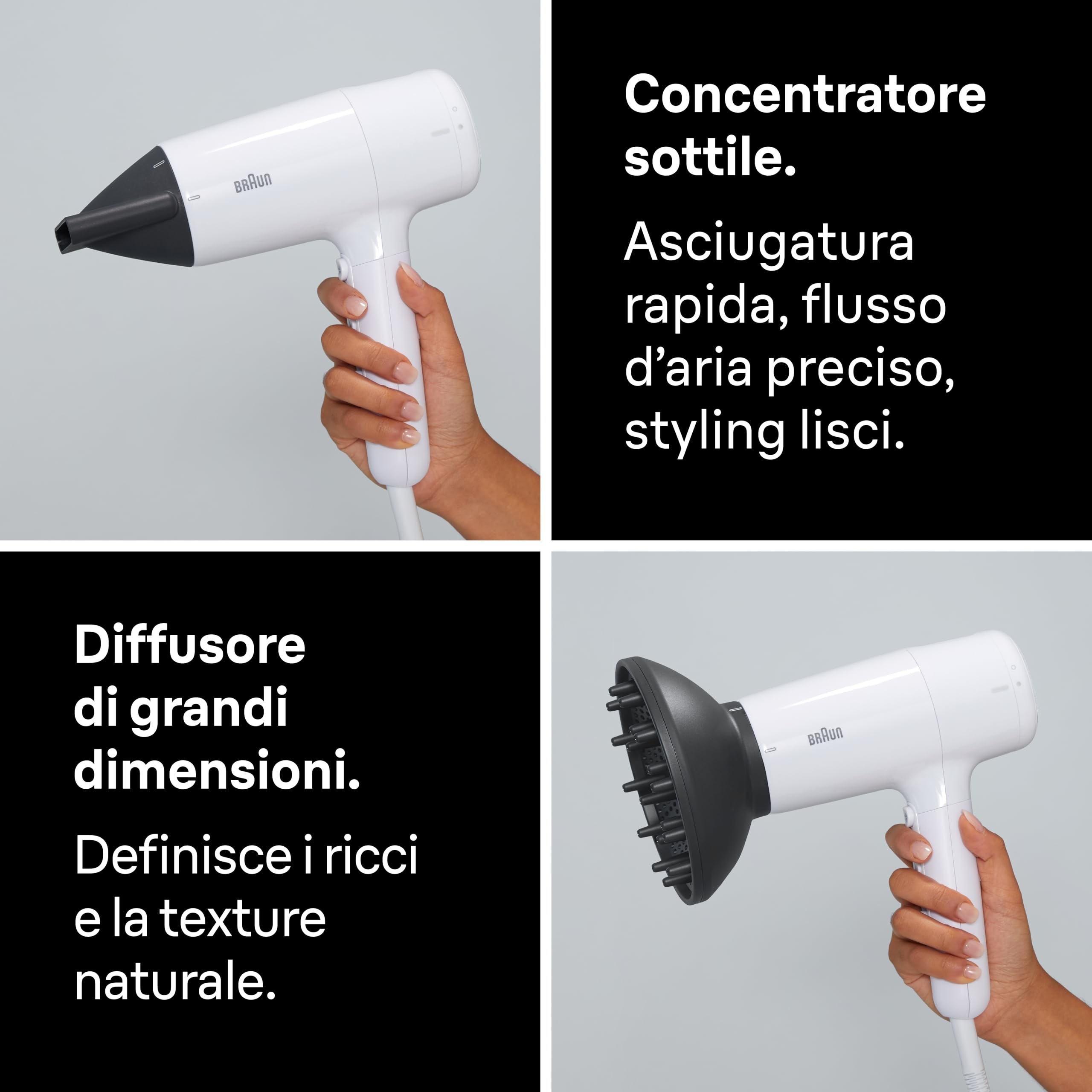 Asciugacapelli Braun HD2.21, potente con diffusore e concentratore, Tecnologia IONTEC, motore da 2200W, 3 temperature e 2 velocità, bianco, BRHD235E