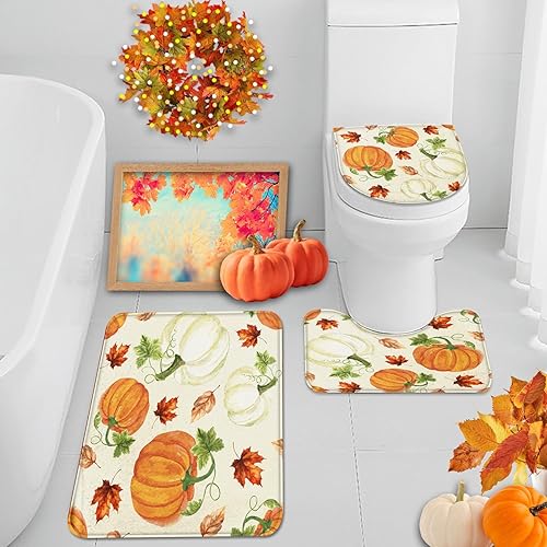 Arttown Juego de 3 alfombras y tapetes de baño con diseño de calabazas otoñales, antideslizantes, de madera de color naranja otoñal,