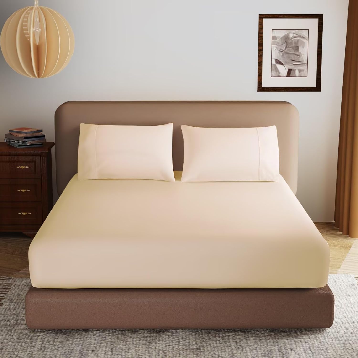 2 Pack 600 Thread Count 100% Egyptian Cotton Fitted Sheet Only, Queen Size Fitted Sheet 2 Pcs, 16" Deep Pocket Cotton Bottom Sheet Only, Soft Cool, Breathable, Durable(Beige Queen)