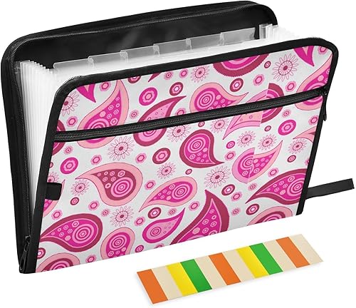 Pink Paisley Trendy Expandable File Folders 13 Pockets A4 Letter Size Expansion File with Zipper Closure File Folder with Pockets for Teacher