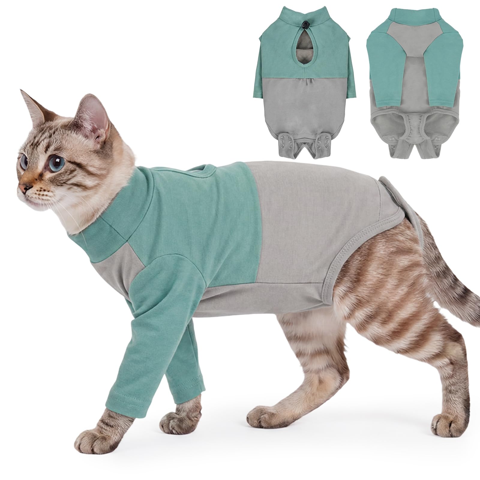 Body Post Operatoire Chat, Doux Body pour Chat Après Stérilisation Gilet de Récupération Manchon Récupération pour Pattes Avant, Empêche de Lécher Les Points de Suture(Vert, L)