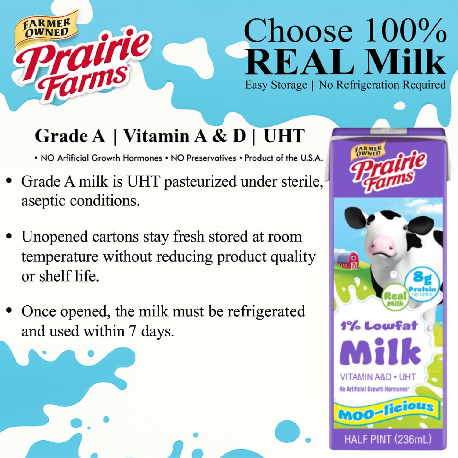 Prairie Farms 1% Percent Milk, Shelf Stable Low Fat Milk, Boxed & Ultra Pasteurized (UHT), Vitamin D - Preservative and Hormone Free, Kosher, Made in USA - 8 FL oz. (27 Pack)