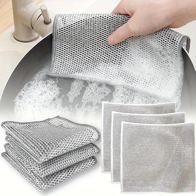 Image of Afrodite Non Scratch Wire Dishcloth, Multipurpose Wire Dishwashing Rag for Wet and Dry, Multifunctional Dish Rags for Washing Dishes, Reusable Steel Wool Scrubber for Kitchen Cleaning (6pcs)