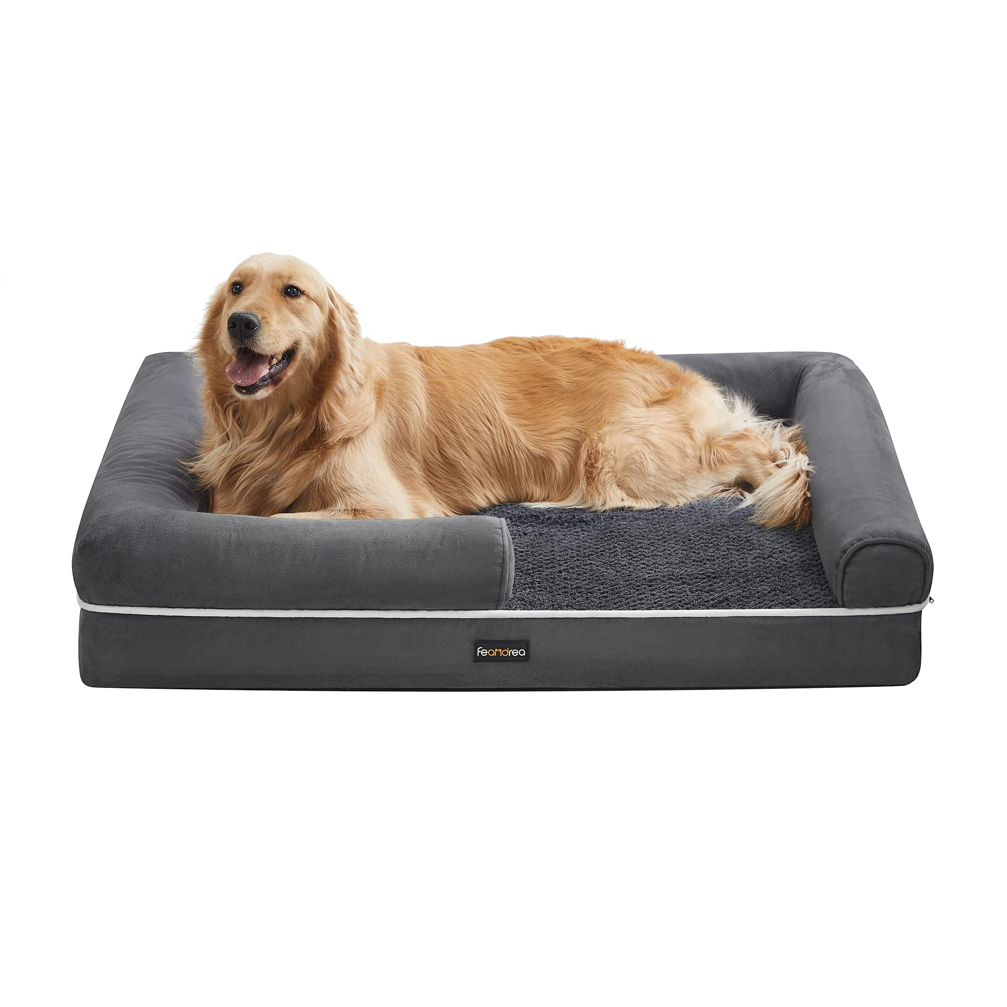 Feandrea Cama Ortopédica para Perros, Sofá, Cama para Mascotas, Acolchado Suave, Bordes Elevados, Funda Extraíble y Lavable, 106 x 80 x 20 cm, Antideslizante, Gris Osucro PGW077G01