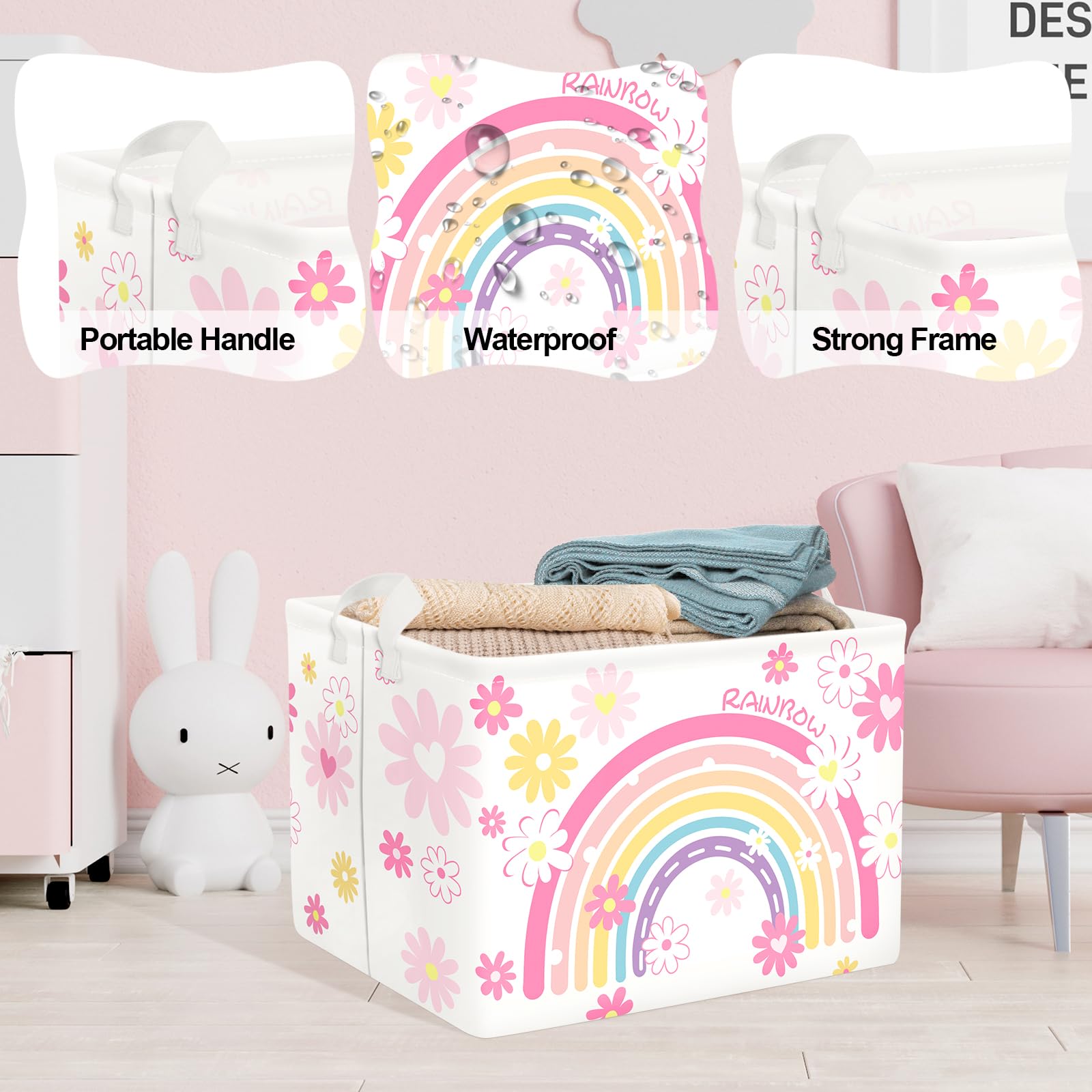 Clastyle Rainbow Baby Laundry Hamper Folding Clothes Kids Storage Basket Waterproof Girls Toy Box for Bedroom,Pink,40x30x30 cm - Image 4