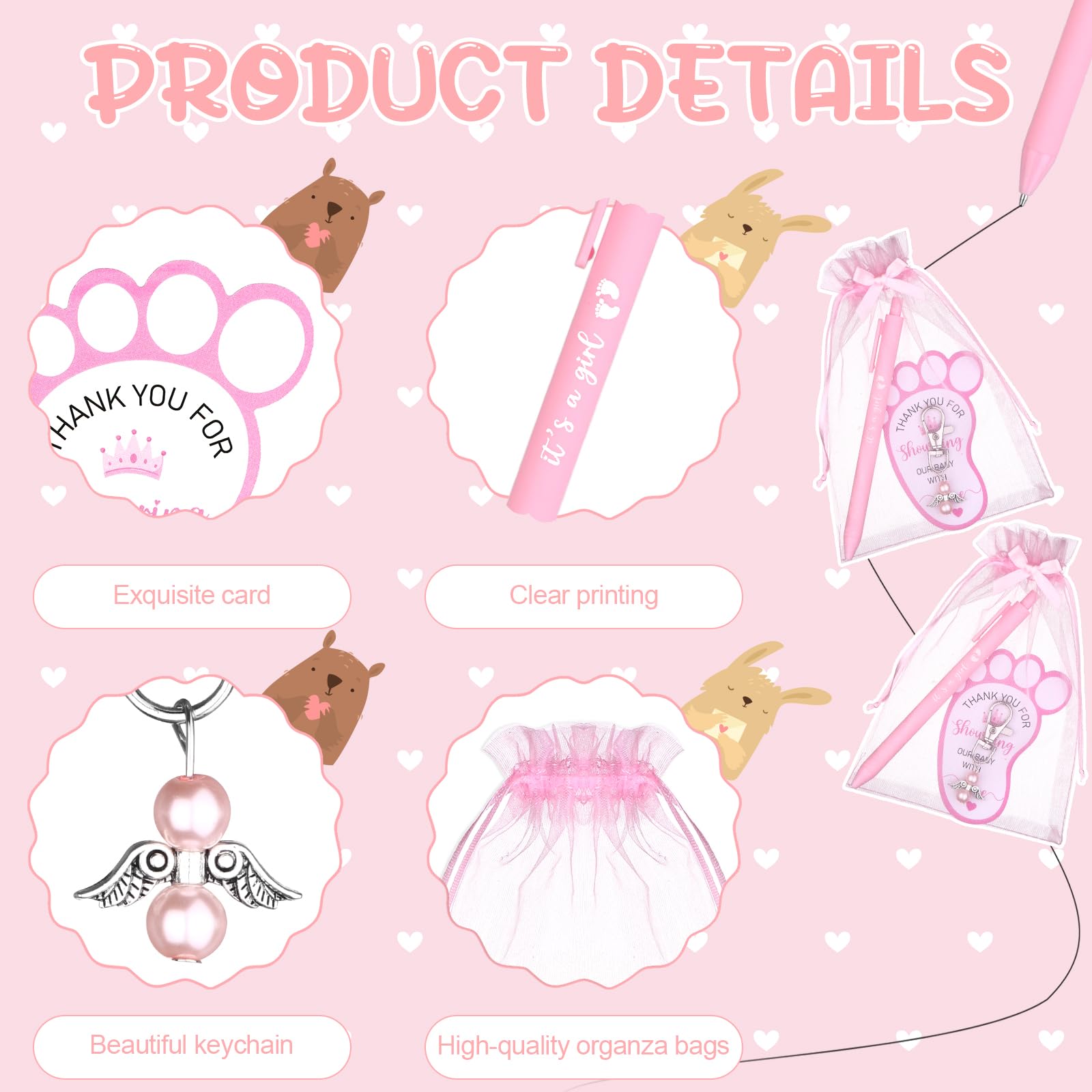20 Sets Baby Shower Favours for Guests Includes Ballpoint Pens Angel Keychains Organza Bags Bows Thank You Cards - Image 3