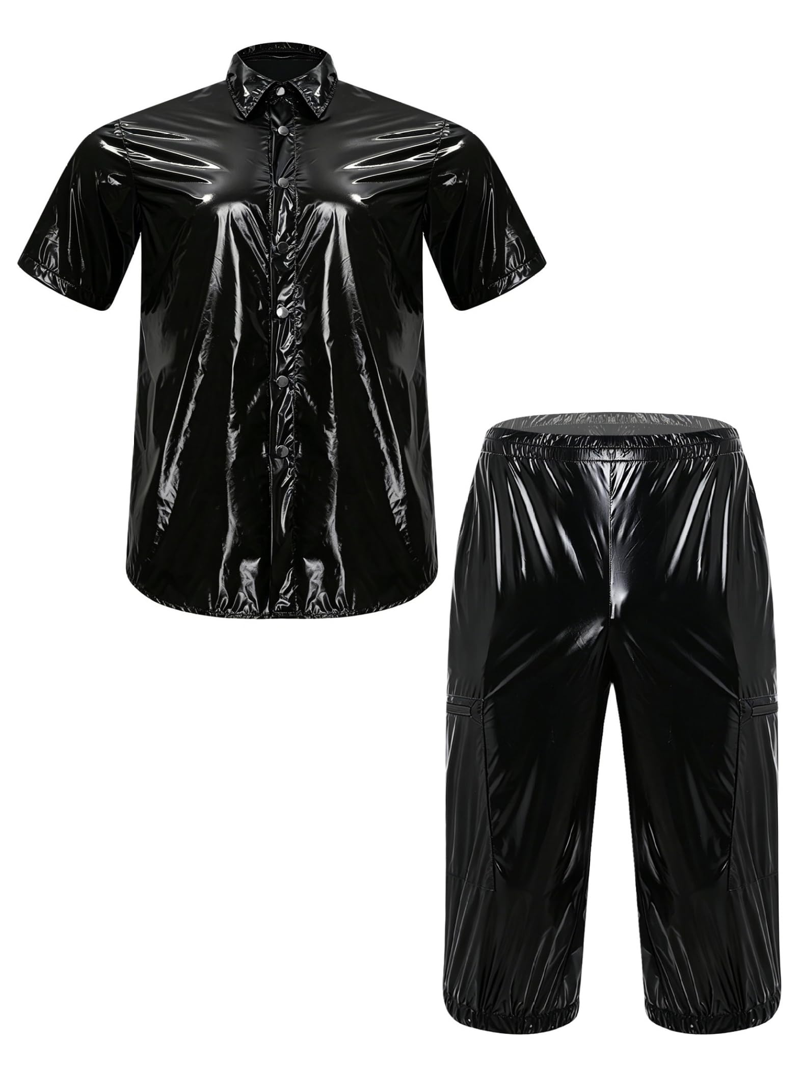 Uomo Look Wetlook Abito Due Pezzi Camicia E Pantaloni Corti Party Discoteca Outfit Nero 3XL