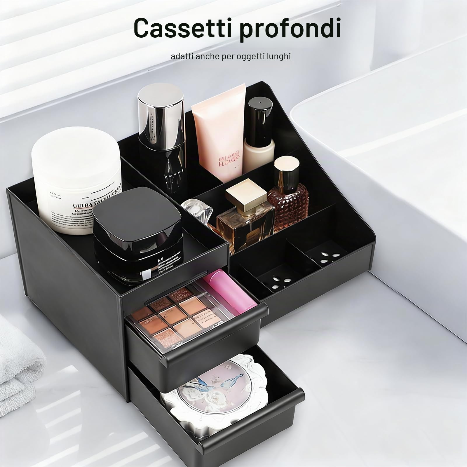 Make up Organizer con Cassetti, Portatrucchi Bagno per Makeup, Skincare, Profumi - Cassettiera Trucchi, Organizzatore Trucchi per Camera Toeletta, Regalo per Uomo (Nero)
