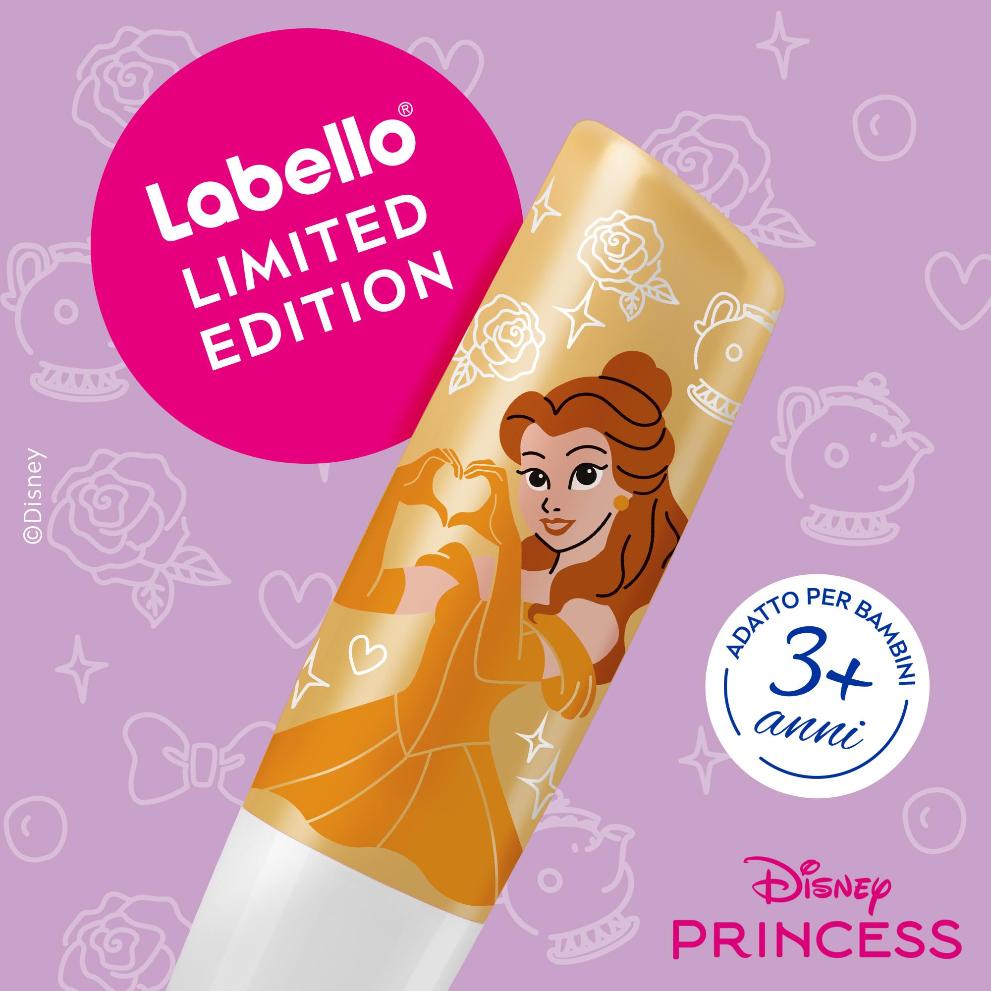 Labello Disney Princess Limited Edition Vanilla Buttercream 4.8 g, Balsamo labbra colorato con design con Belle, Burrocacao bambina 3+ idratante 24h, Burrocacao labbra lip balm con aroma di Vaniglia