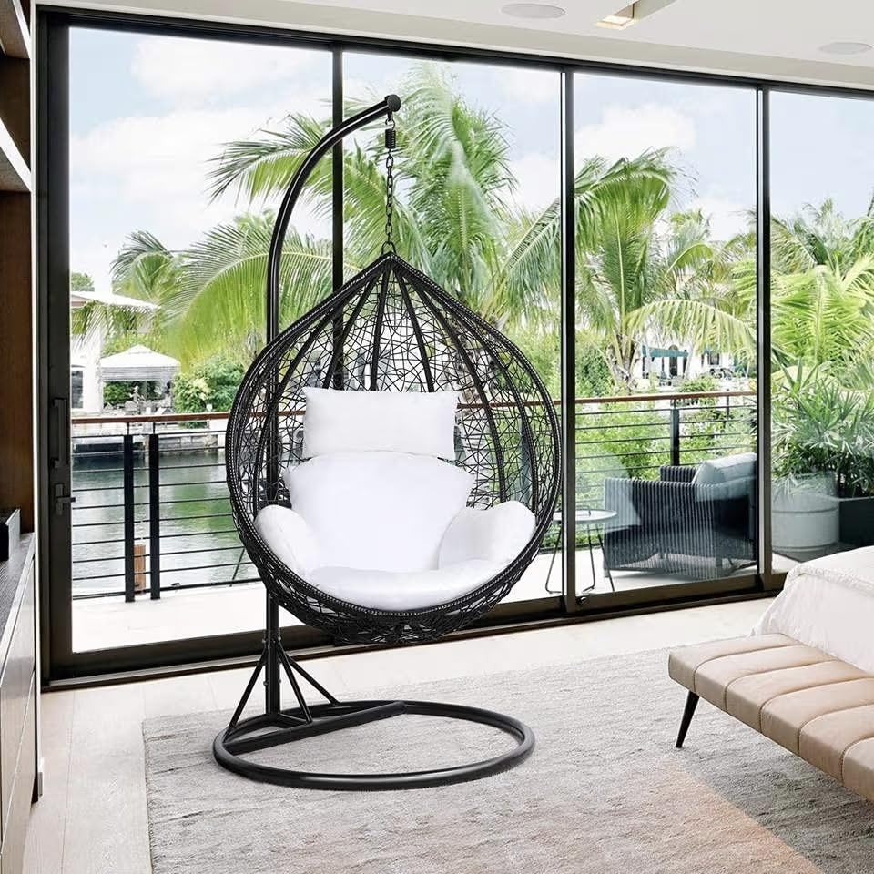 Image of Single Seater Swing Chair with Stand & Cushion Outdoor Indoor Balcony Garden Patio, Powder Coated Frame, UV-Protected Wicker, Premium Cushion, Swing Chair (Black-White)