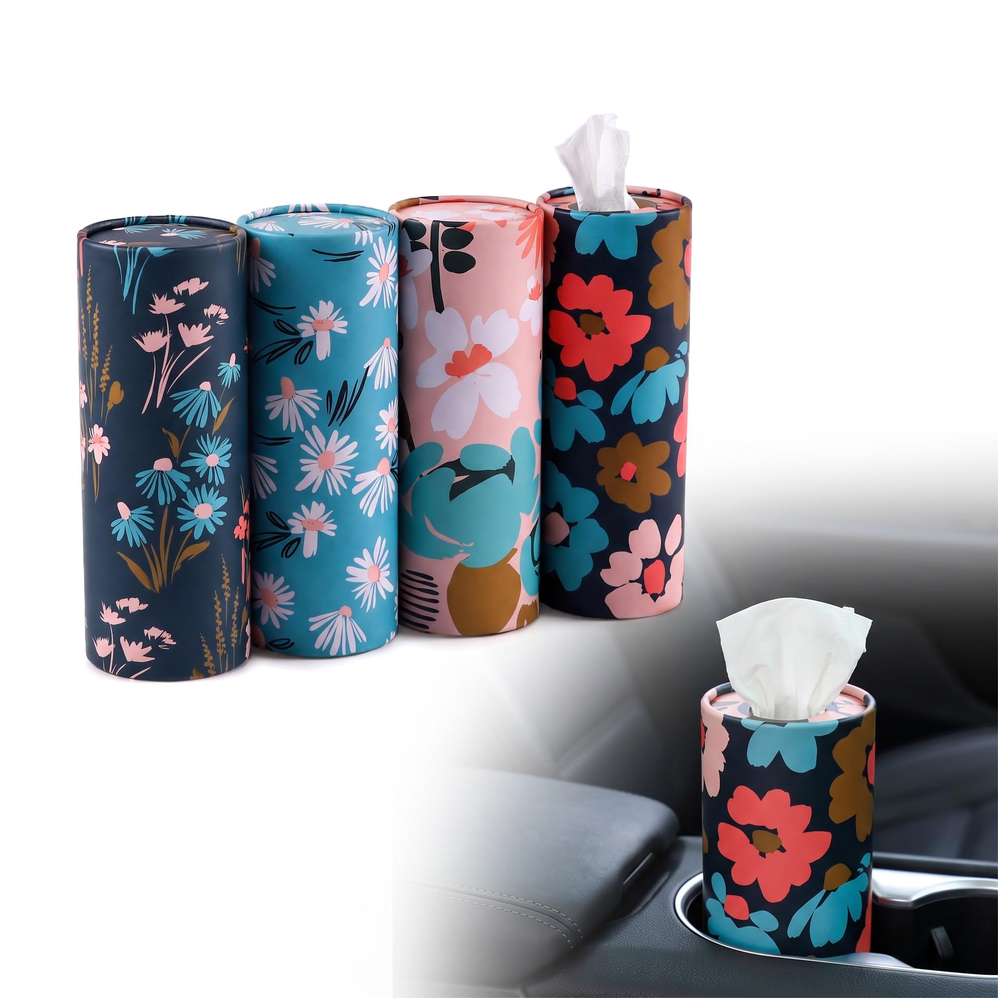 4 Car Tissue Holder with Facial Tissue, Floral Travel Tissue Holder Tube