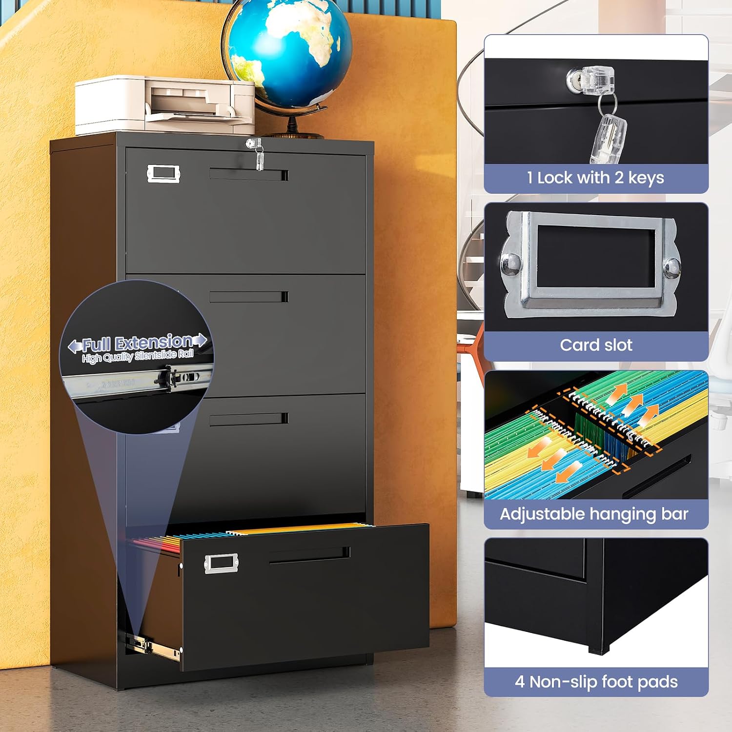 Metal Lateral 4 Drawer File Cabinet with Lock, Wide Filing Cabinet for Home Office Organization Hanging Files Letter/Legal/F4/A4 Size (Black, Assembly Required)