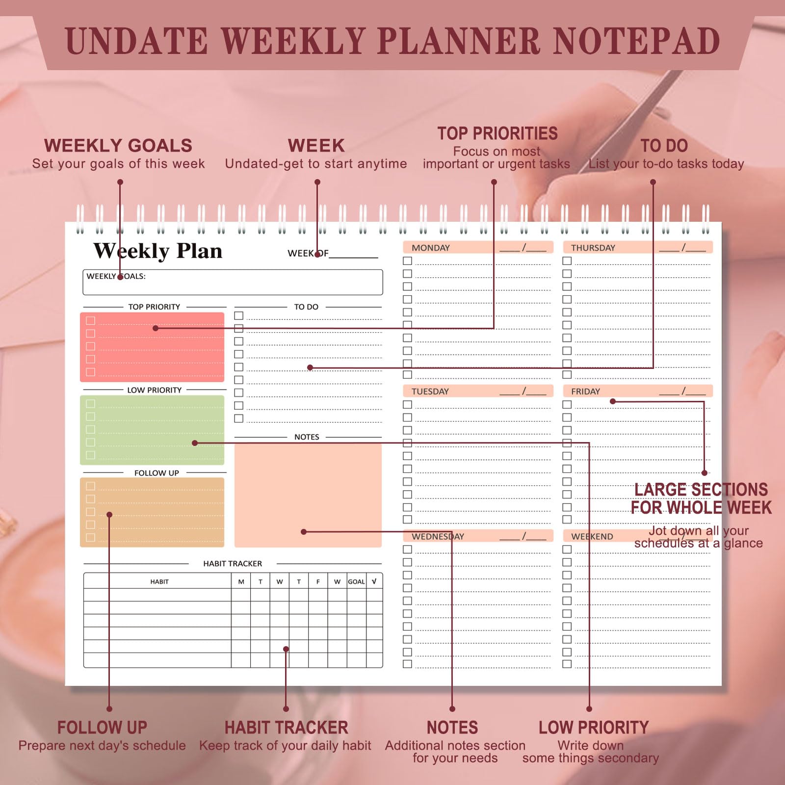 Habit Tracker Weekly Planner Pad, To Do List Notepad Organiser, Desktop ...