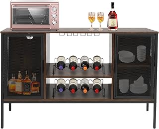LYNICESHOP Rustic Wine Cabinet with Built-in Electrical Outlet, 88lb Capacity Home Bar with 2 Removable Wine Racks & Glass Holders, Brown Storage Cabinet for Living Room