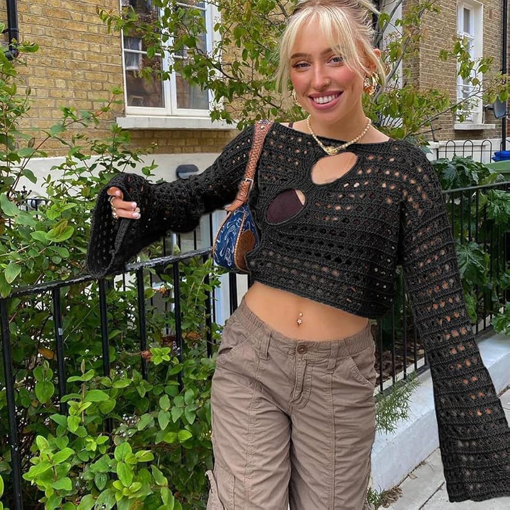 Moleobea Women Y2K Korean Crop Top Grunge Crochet Harajuku Emo