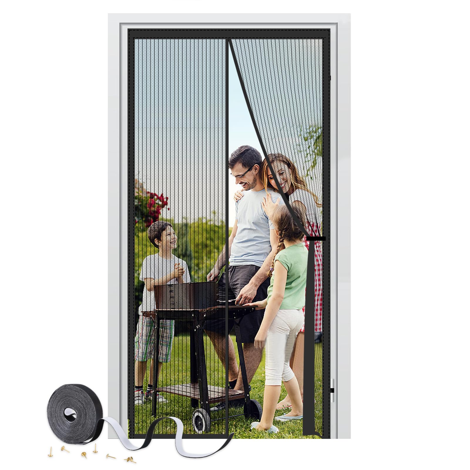 Magnetic Fly Screen Door 90x212cm,Heavy Duty Self-Sealing Bug Mesh,Powerful Magnets and Full Frame Magic Tape,No Drill Installation