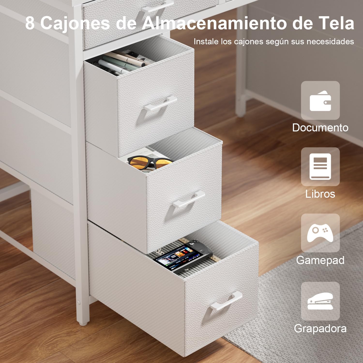 HLFURNIEU Escritorio con 8 Cajones de Tela, 120 × 50 cm Mesa Gaming LED con Enchufes & Puertos USB, Mesa Gamer con Soporte para Monitor, Escritorio Ordenador para Juegos y Oficina en Casa, Blanco | Toma integrada, puerto USB, almacenamiento, soporte de mo