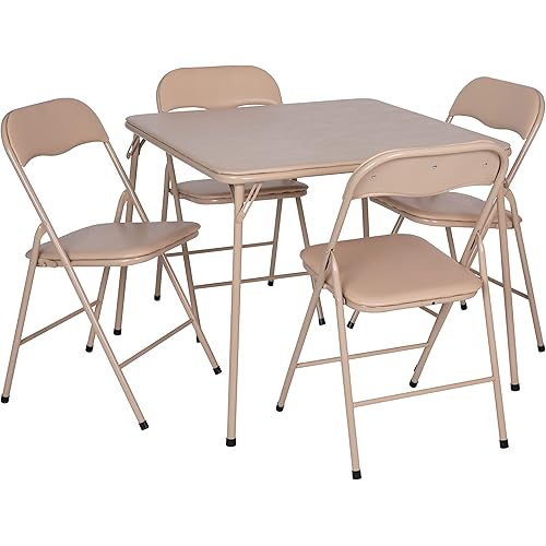 Flash Furniture Madison 5-Piece Folding Card Table and Chairs Set, Portable Event Table and Chairs Set for Indoor and Outdoor Gatherings, Tan