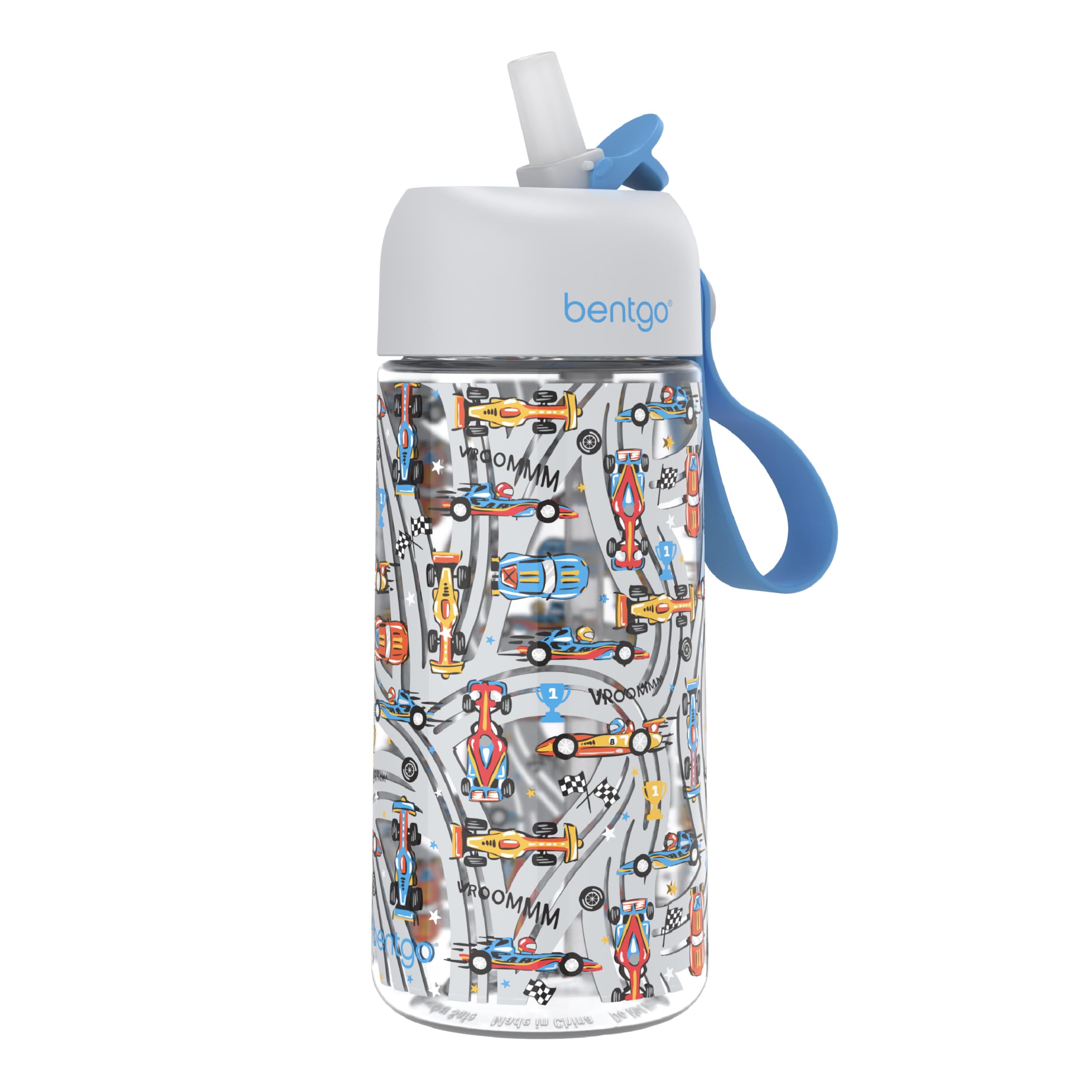 Bentgo Kids Water Bottle - Leak-Proof, Durable Tritan PFAS- & BPA-Free 15 fl oz, Kids/Toddlers Ages 3+ for School & Sports; Bite & Sip Spout, Carrying Handle, Dishwasher Safe (NEW Race Cars)