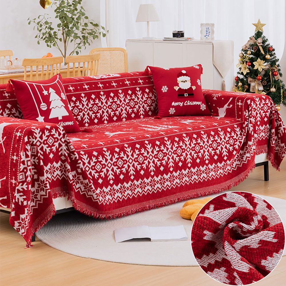 Highdi Rojo Navidad Funda de Sofá de Chenilla, Manta Cubre Sofa Multiusos para 1 2 3 4 Plazas Reversible Mantas Foulard Cómoda Cubrecama Protector Sofa Universal (130x180cm,Copos de Nieve)