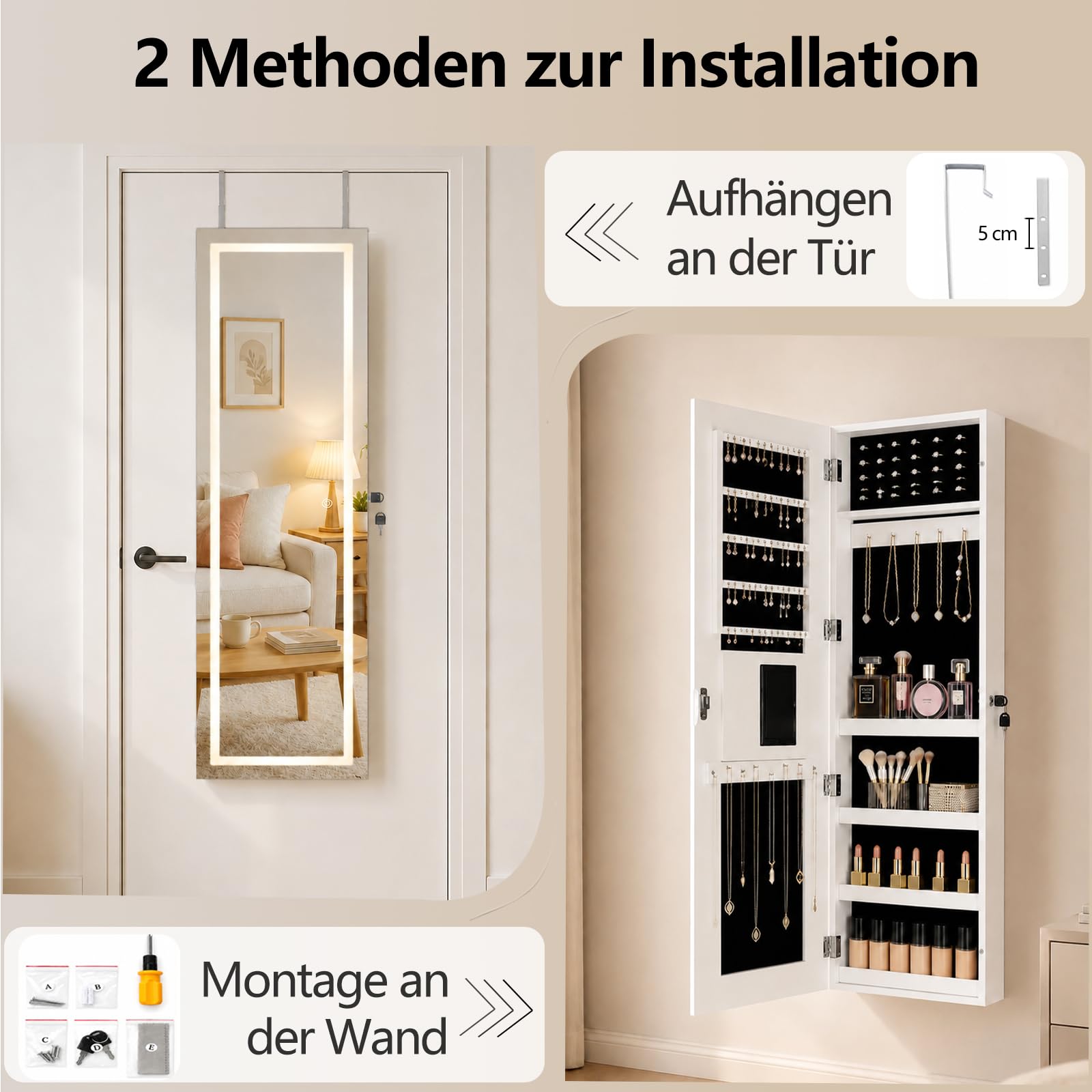 Schmuckschrank，Spiegelschrank, Schmuckschrank mit Spiegel & Touchscreen-LED-Licht, Wandschrank, Wandmontage, an der Tür hängend, Schmuck-Organizer für Ohrringe, Halsketten, Ringe (Weiß, 110x30cm)