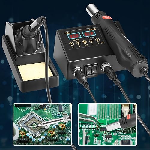 Miniatura 3 de TLBZK Estación de soldadura de retrabajo, estación de soldadura de aire caliente SMD 2 en 1 y kit de soldador, pistola de calor con puntas de