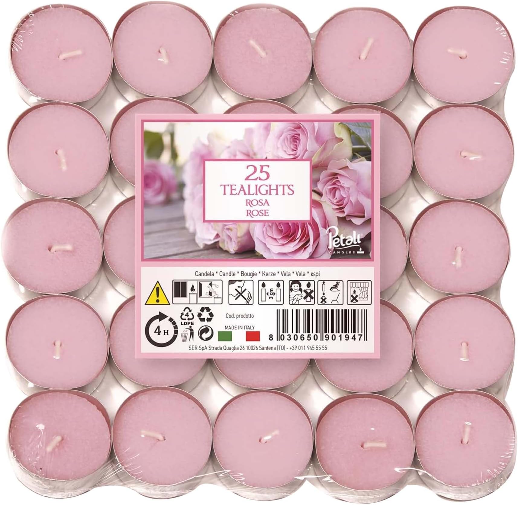 Price's Petali Brand Scented Tealights | 25 Pack Tealights 4 Hour Burn Time | Available in Multiple Scents (Rose)