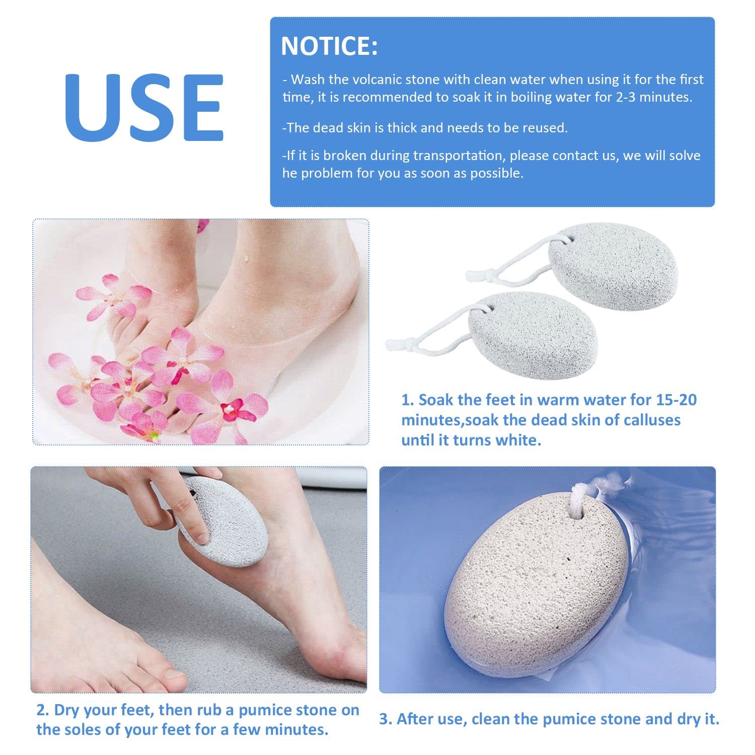 4 pietre pomice per piedi, include 2 pietre pomice naturale, 2 pietre di vetro per pedicure a doppio lato, per esfoliazione di piedi e mani per rimuovere la pelle morta