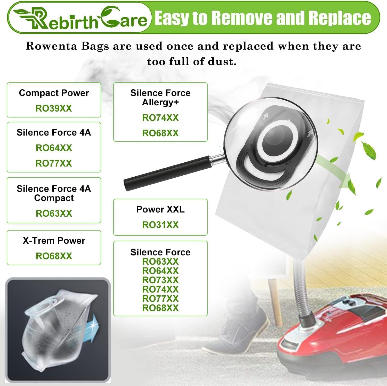 Sacchetti Per Aspirapolvere Rowenta Hygiene+ - 10 Pezzi, Compatibili Con ZR200520, ZR200720, RO64, RO63, RO39 E Altri