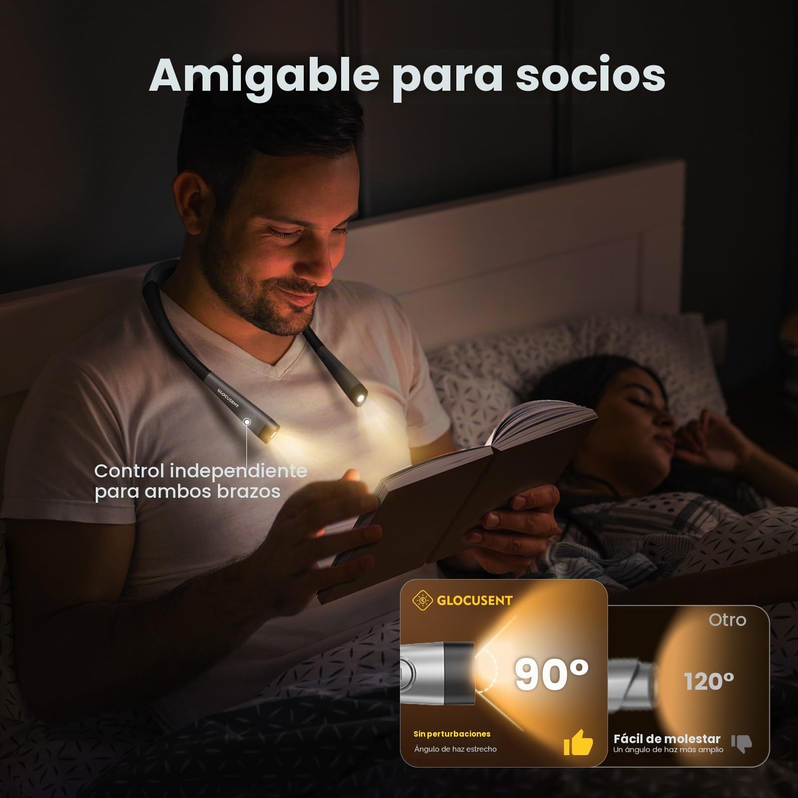 Glocusent Luz de Lectura, Lampara Libro de Lectura Recargable, 3 Colores, 6 Niveles de Iluminación, Brazos Flexibles, Larga Duración, Perfecto para Leer, Tejer, Acampar, Reparar