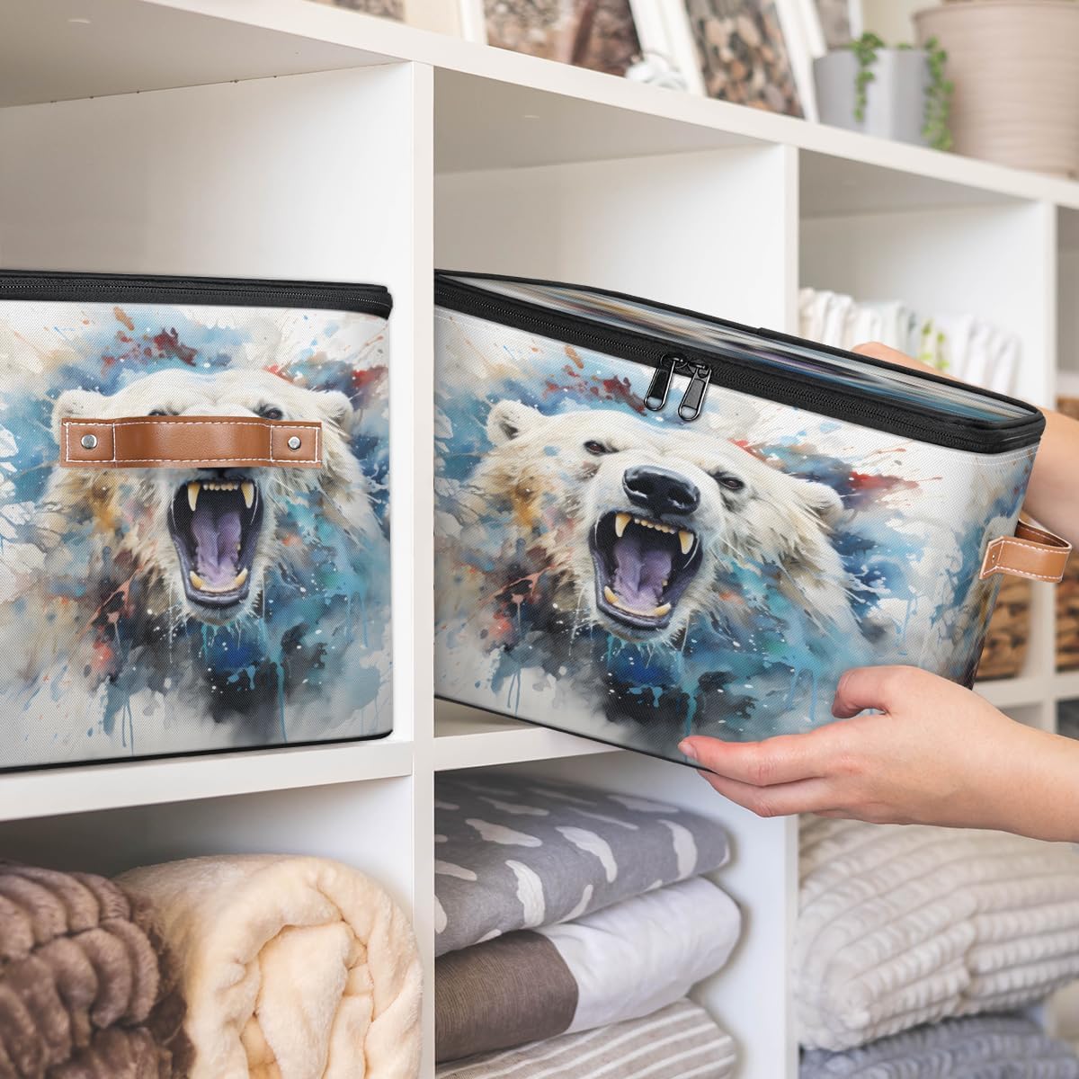 Storage Bin Set of 2 Animal Bear Storage Basket with Zipper Lid & Handle Foldable Closet Shelf 2 Pack Cloth Organizer Basket Cube Bins Clothes Organizer for Bedroom, Nursery