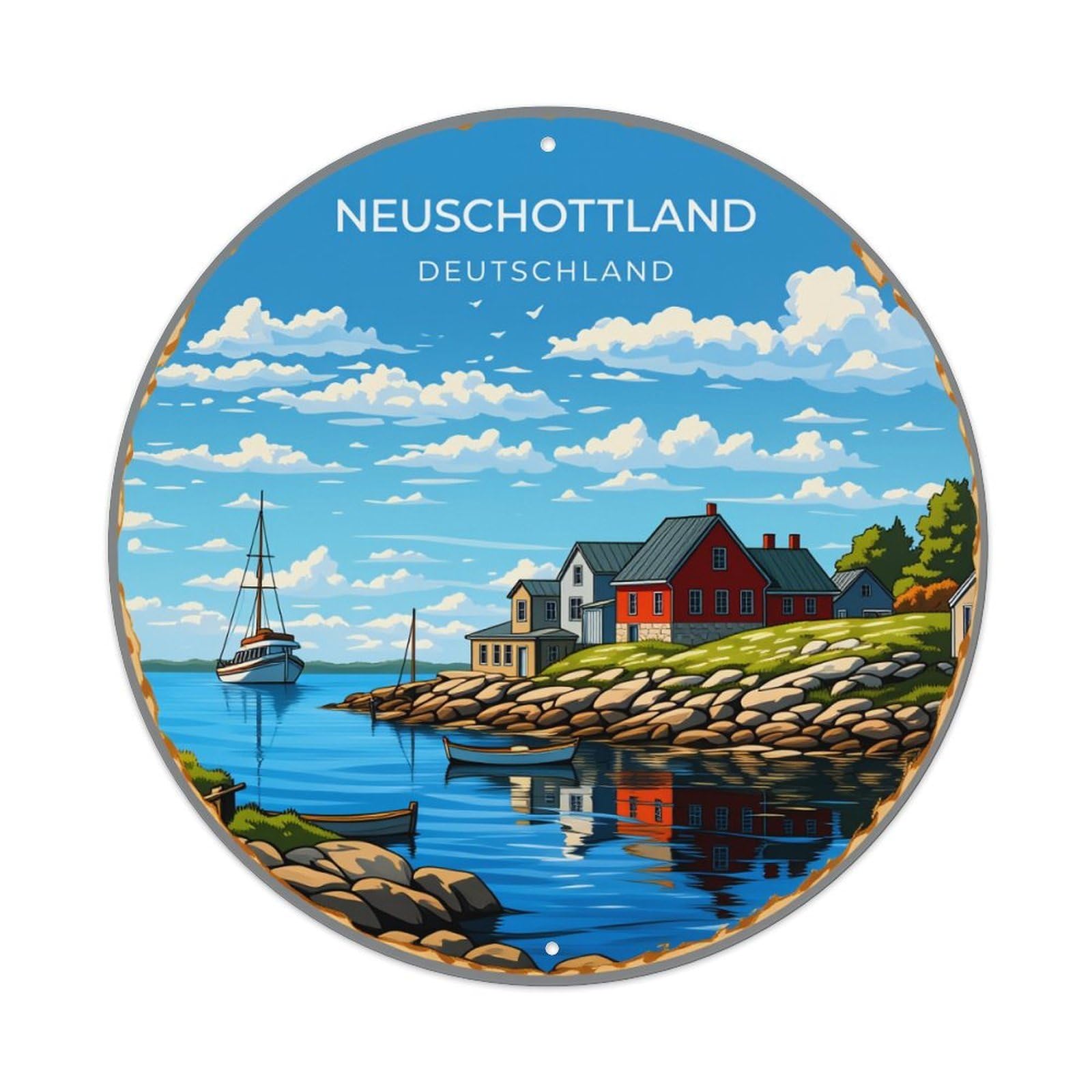 Coastal Village Scene With Boats And Houses Round Tin Sign Vintage Metal Poster Retro Bar, Home, Man Cave, Kitchen, Laundry Room Wall Art Decor Gift 8x8Inch