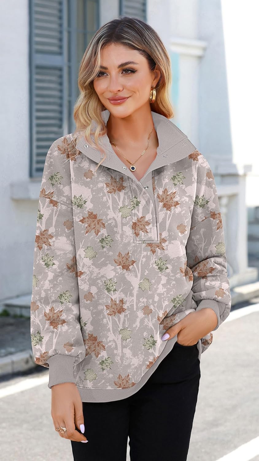 Soesdemo Oversized Sweatshirts for Women No Hood Mock Neck Fleece Lined Waffle Long Sleeve Button Pullover Tunic Sweatshirt - Image 3