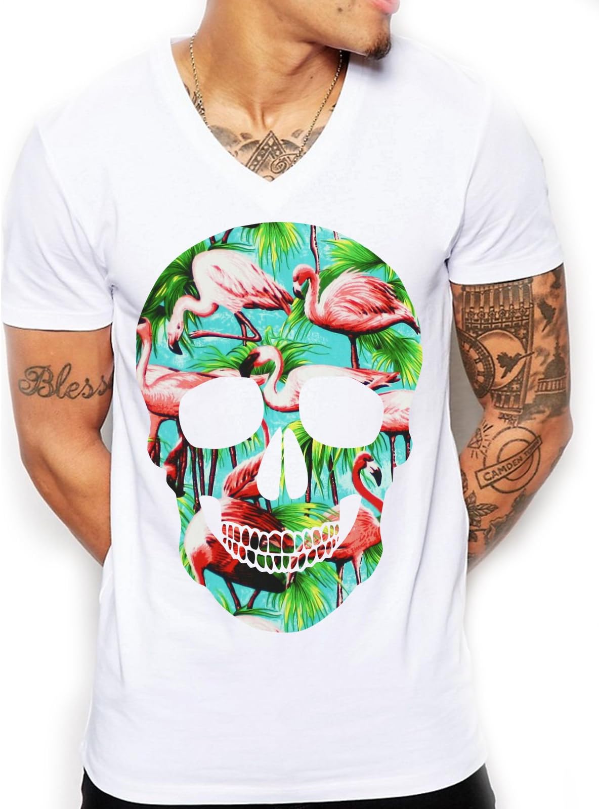 Inct Men's Flamingo T-Shirt, Skull T-Shirt - V-Neck T-Shirt, White Summer Mens Shirt, Skull T-Shirt