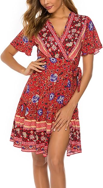 Womens Wrap Dress Boho Dresses Summer A Line Fall Short Sleeve Ruffle Date Night Fitted Sundress