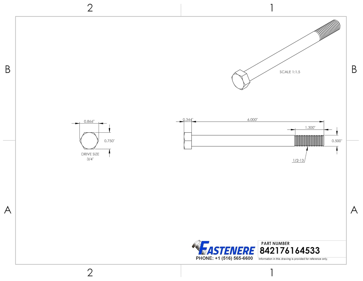 1/2-13 x 6 Hex Head Cap Screw Bolts, External Hex Drive, Stainless Steel 304, Partially Threaded, Stainless Steel, Quantity 5 by Fastenere