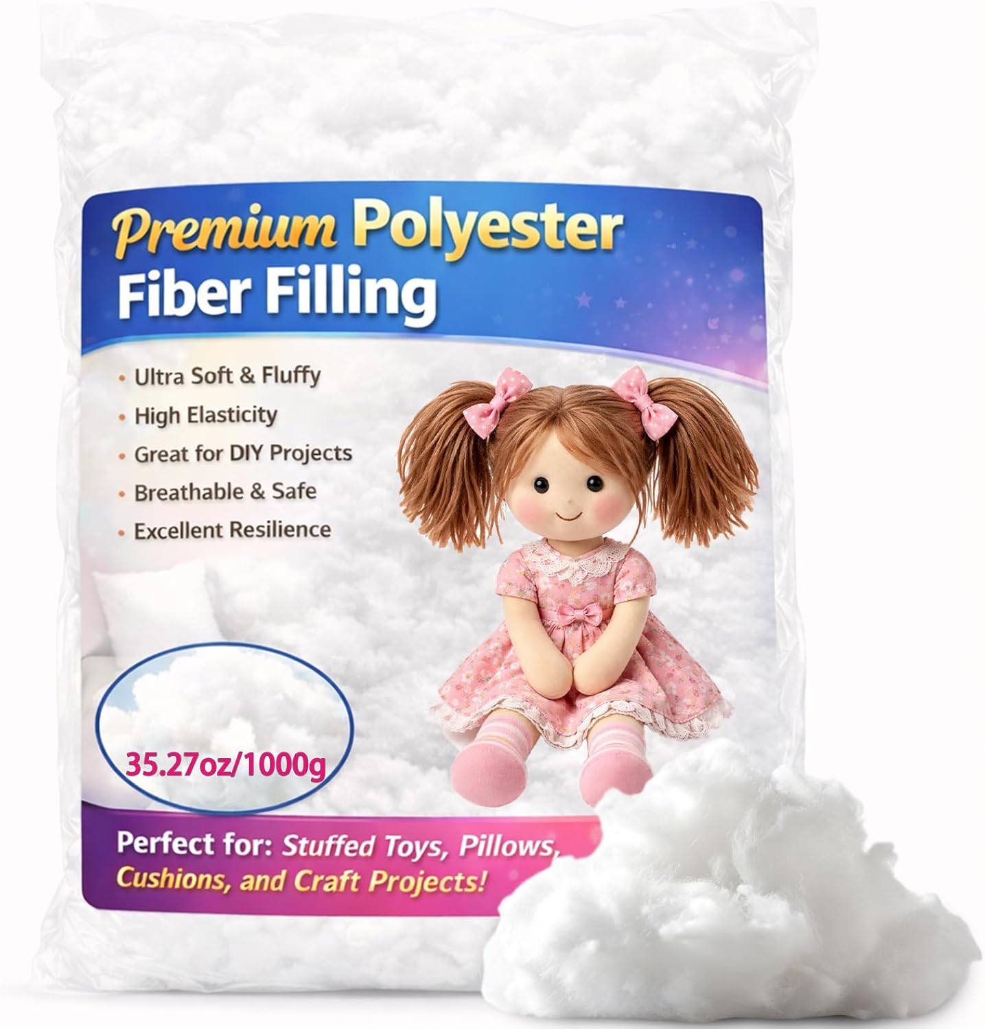 Welacer Polyfill Stuffing 104oz/2948g, Premium Polyester Fiber Fill for Stuffed Animals, Crochet Toys & DIY Crafts, High Resilience Fiberfill Stuffing for Small Projects, Machine Washable