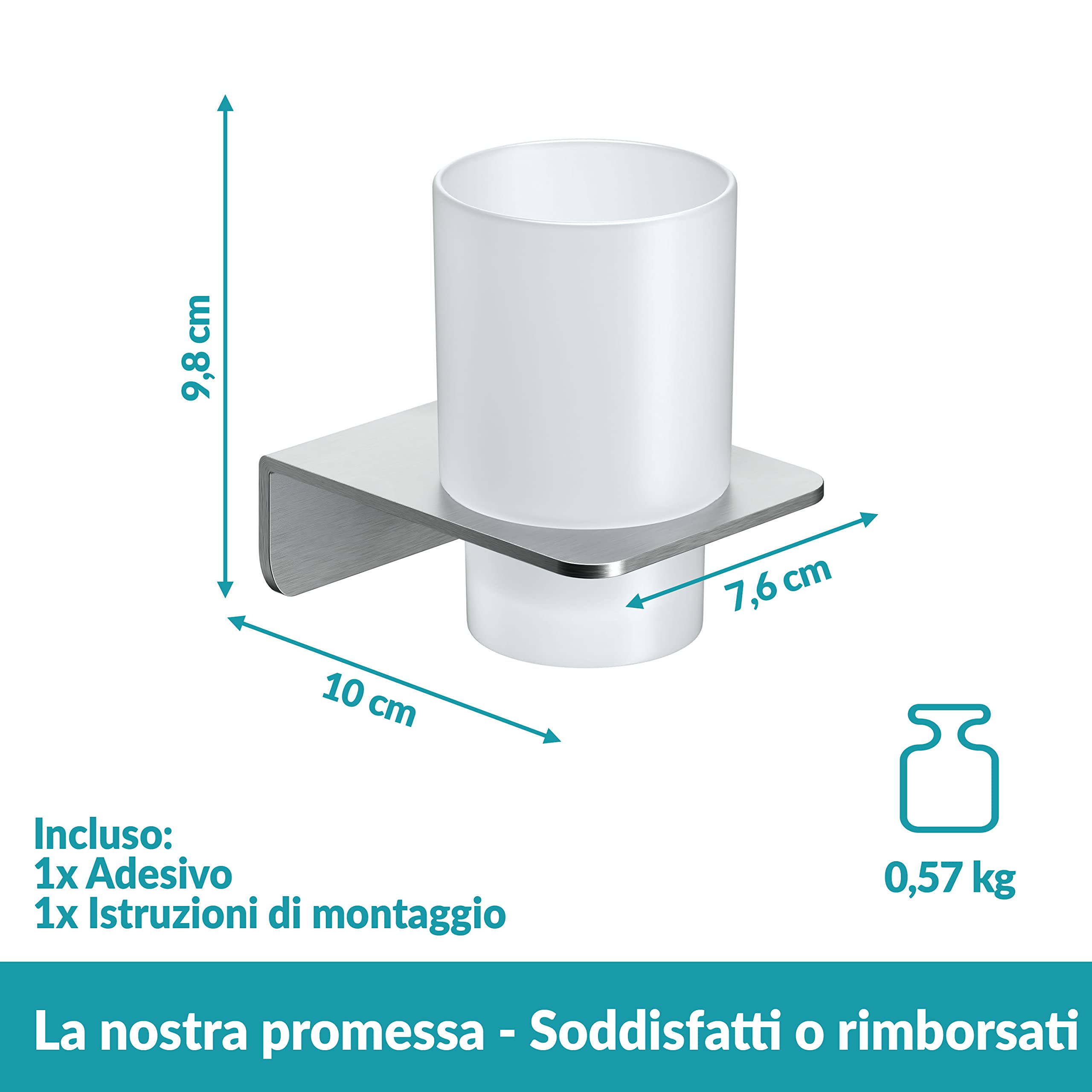 WEISSENSTEIN Portaspazzolini da bagno adesivo 3M - Acciaio inox - Bicchiere portaspazzolini in vetro smerigliato