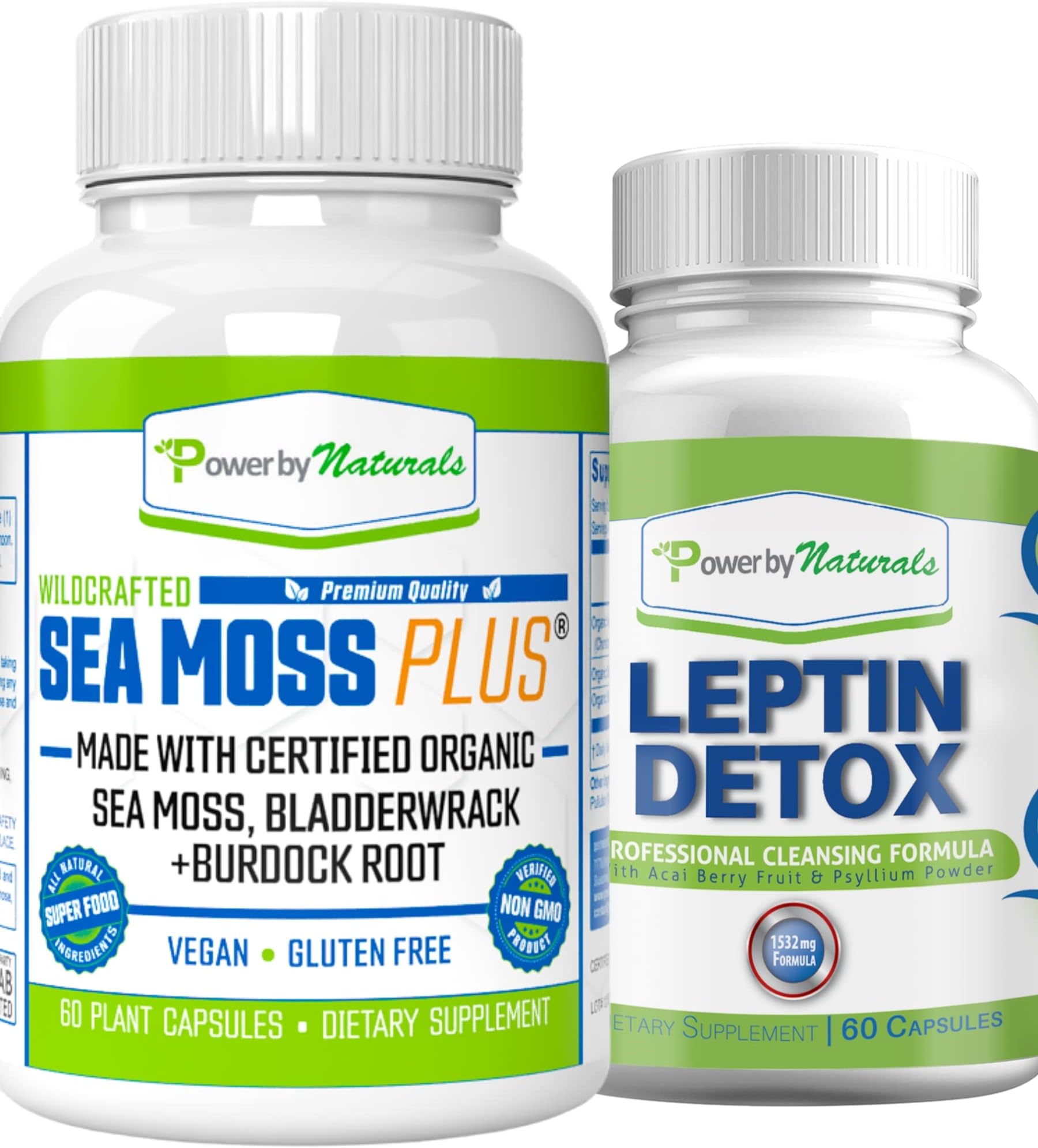 Power By NaturalsOrganic Sea Moss Plus + Leptin Detox Cleanse | Immune System, Thyroid Support, & Gut Health | Wildcrafted Seamoss Bladderwrack Burdock Root Capsules | 60 Irish Sea Moss Pills -