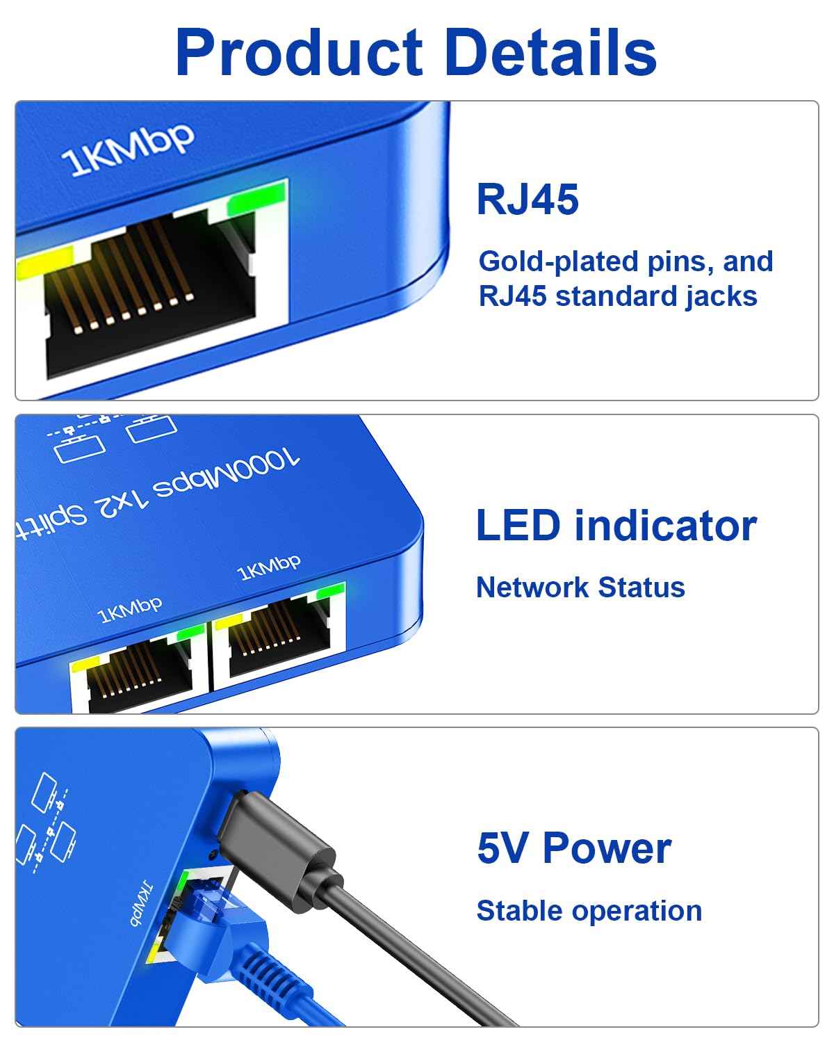 Divisor Ethernet 1 A 2 Gigabit - Adaptador RJ45 Para Cable Cat 5/6/7/8, Hasta 1000 Mbps, Color Azul