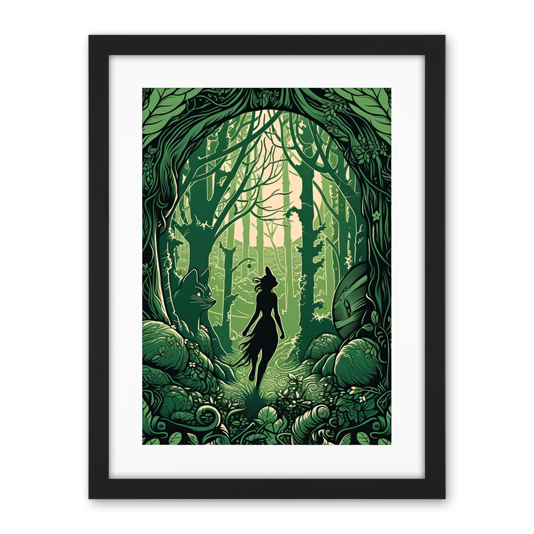 Artery8 Anthropomorphic Fox Silhouette Forest Art Nouveau Artwork Framed Wall Art Print 18X24 Inch