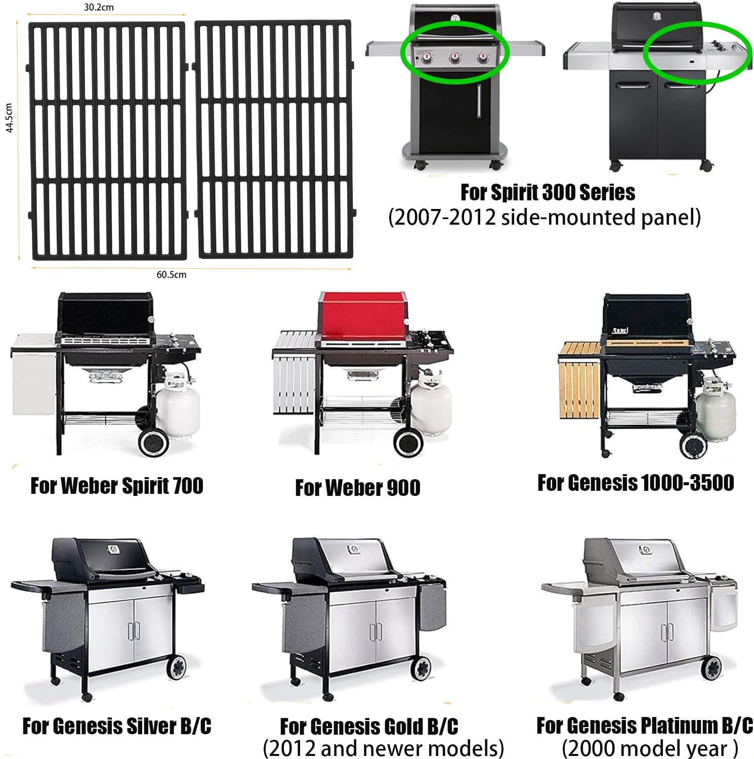 Griglie in ghisa da 44,5 x 30 cm 7638 per barbecue Weber Spirit 300 Serie E310, E320, E330, S310, S320, S330, SP320 (con pulsanti anteriori), 7527 7639 Griglia per barbecue a gas RÖSLE VIDERO G3