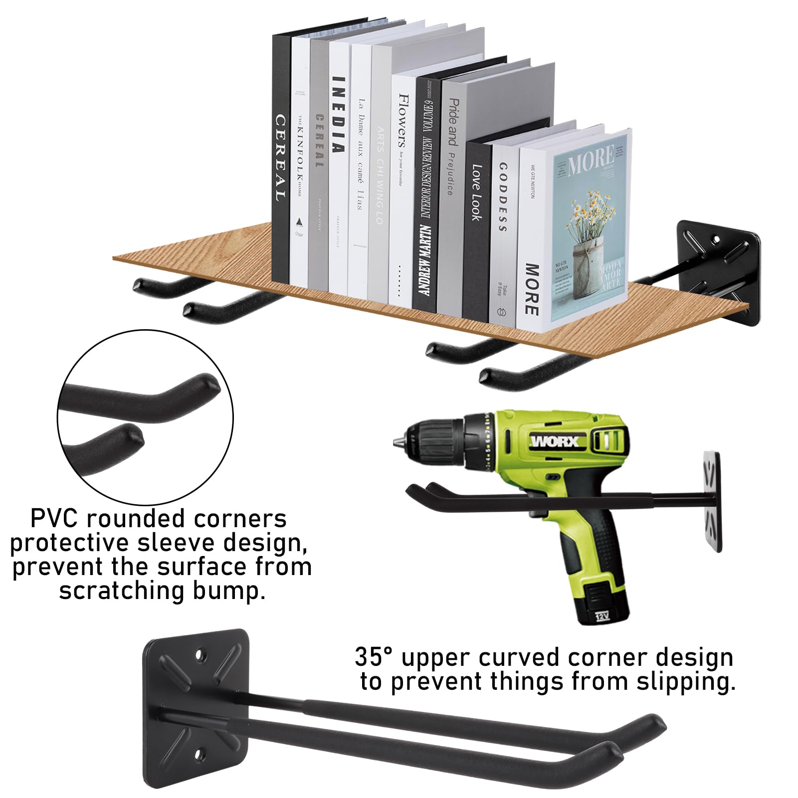 AKOLAFE 4 Piezas Ganchos Garaje Negros, Gancho Pared de Acero Carbono 31,5 cm, Ganchos Resistentes con Tornillos para Herramientas Bicicleta Escalera Jardin