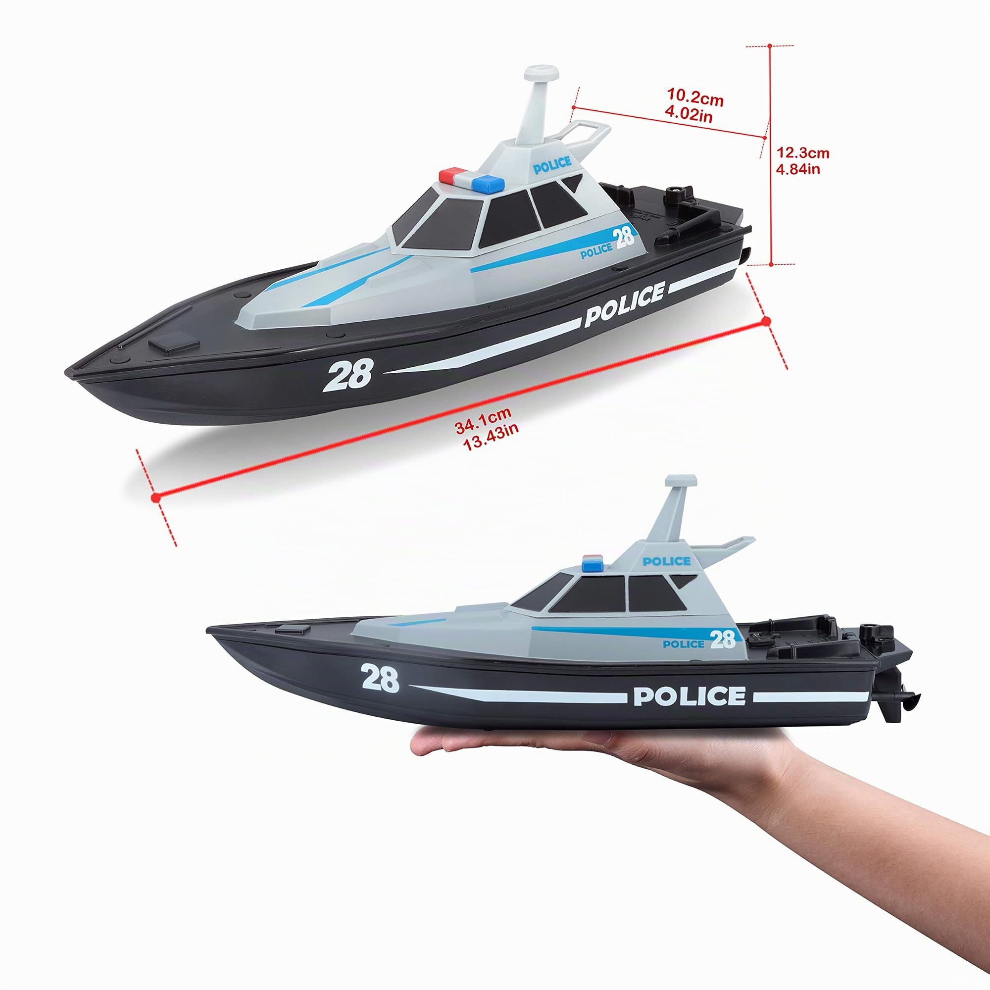 Bauer Spielwaren M82196 Tech R/C Polizeiboot: Ferngesteuertes Spielzeugboot im Polizei-Look, 35 Meter Reichweite, Akku mit USB-Ladefunktion, 34 cm, schwarz -582196