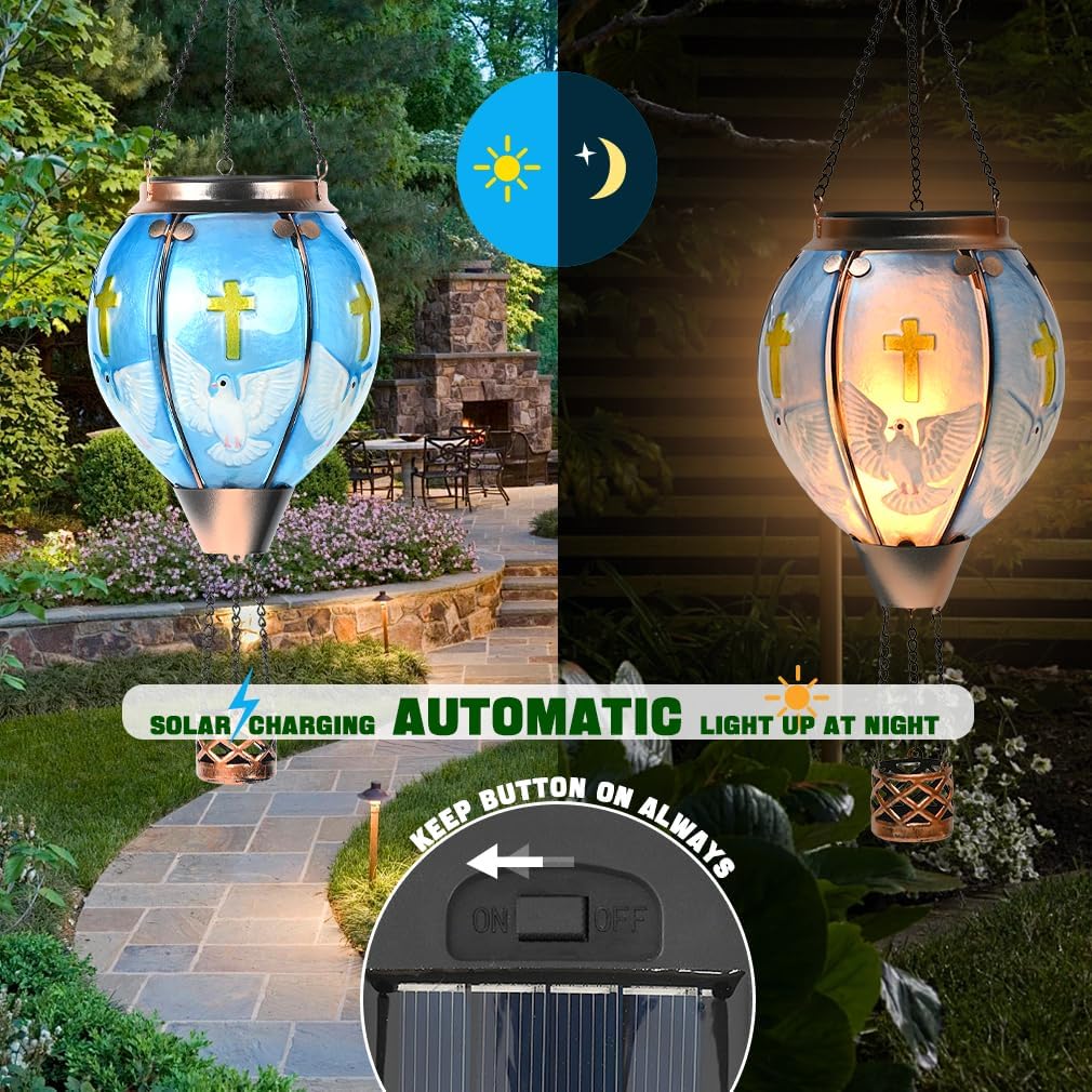 Christian Hot Air Balloon Solar Lantern - Cross & Pegion Stained Glass Lantern, Simulated Flickering & Dancing Flame, Outdoor Hanging Yard Light Waterproof IP65 for Patio Lawn Porch Decor Gift