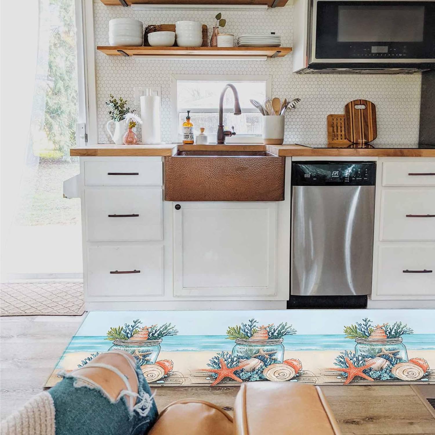 2 Pieces Kitchen Rugs and Mats,Summer Beach Starfish Coral Conch Area Runner Rug Set Non Slip Floor Doormat Washable Carpet Standing Mat for Kitchen Sink Indoor Corridor,Marine Life in Glass Bottle