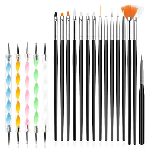 URAQT Nail Art Brushes Set, 15pcs Acrylic Brushes & 5pcs Dotting Tools, DIY & Professional Nail Art Painting Kit, Black - 20Pcs-Black
