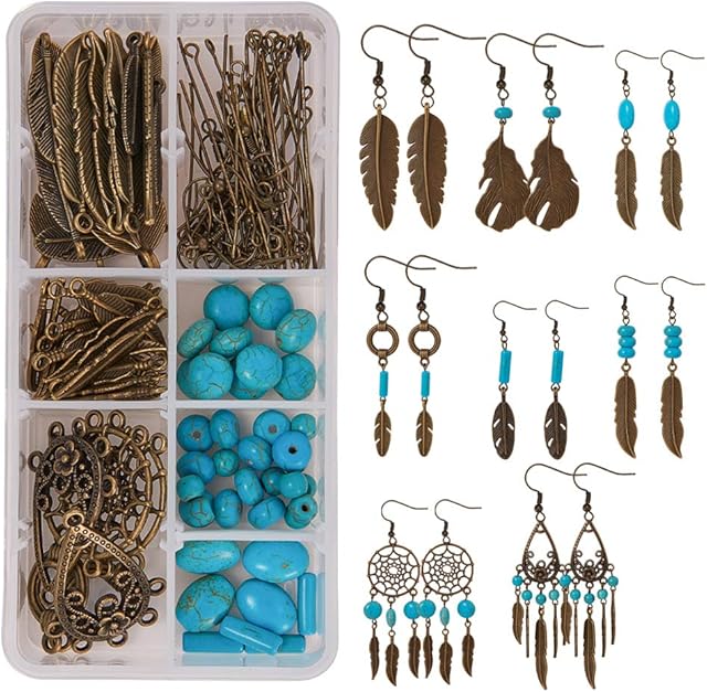 SUNNYCLUE 1 Box DIY 8 Pairs Bohemian Feather Dream Catcher Dangle Hook Earrings Making Starter Kit with Turquoise Beads Jewellery Making Accessories Supplies Women Adults Beginners, Antique Bronze
